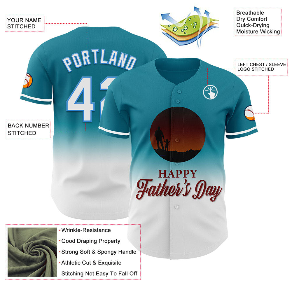 Custom Teal White-Electric Blue 3D Pattern Design Father's Day Family Love Fade Authentic Baseball Jersey view 3