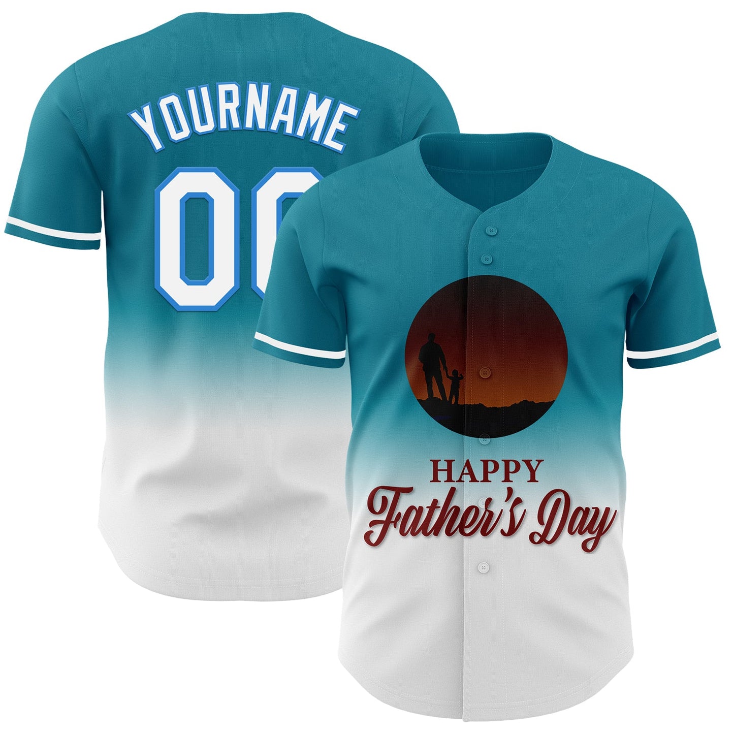 Custom Teal White-Electric Blue 3D Pattern Design Father's Day Family Love Fade Authentic Baseball Jersey - Main View