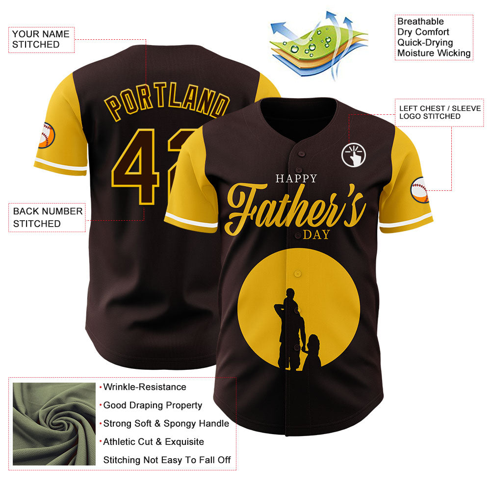 Custom Brown Yellow 3D Pattern Design Father's Day Family Love Authentic Baseball Jersey view 3