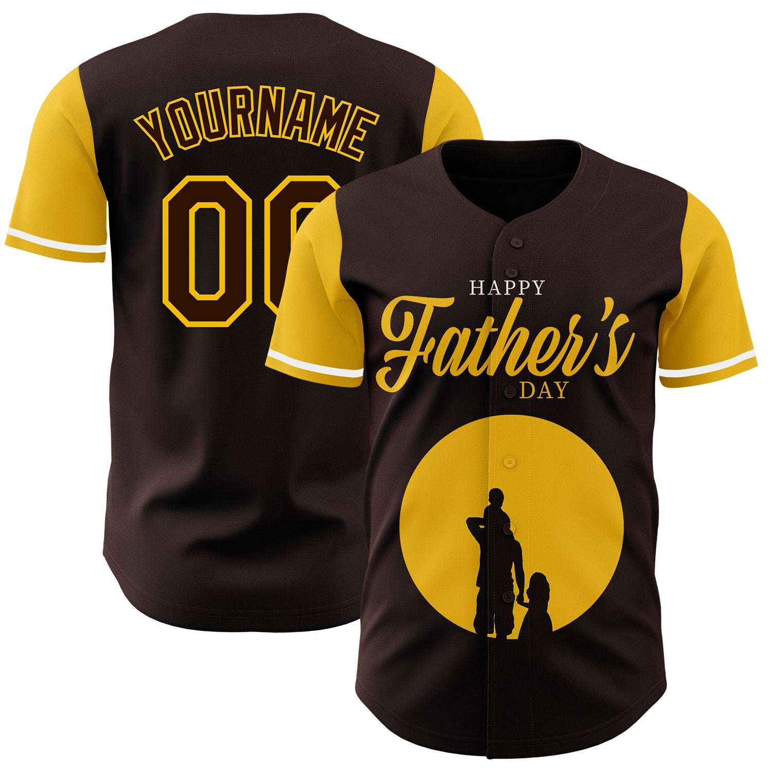 Custom Brown Yellow 3D Pattern Design Father's Day Family Love Authentic Baseball Jersey - Main View