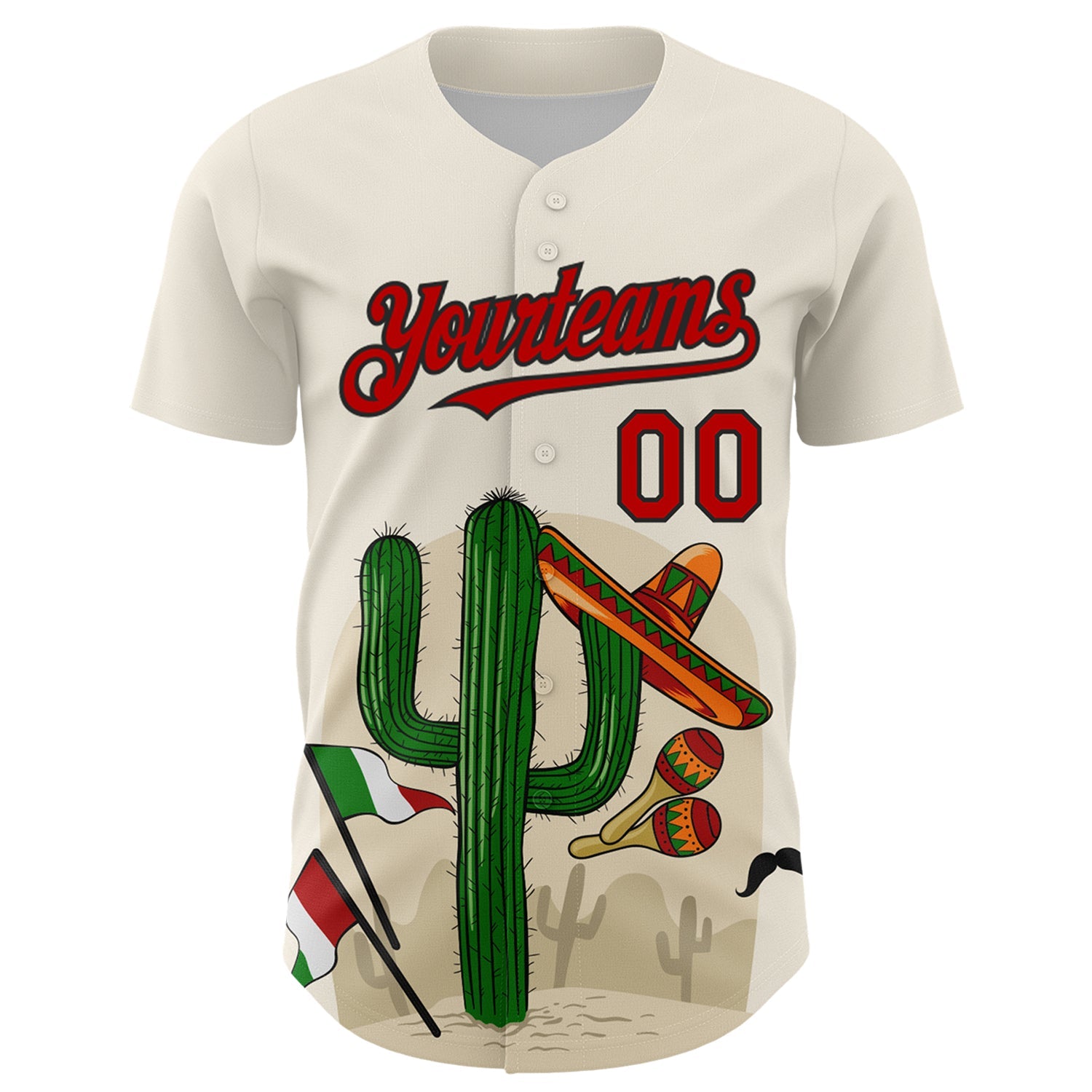 Custom Cream Red-Black 3D Mexican Festival Cactus Sombrero And Flag Cinco de Mayo Authentic Baseball Jersey view 2