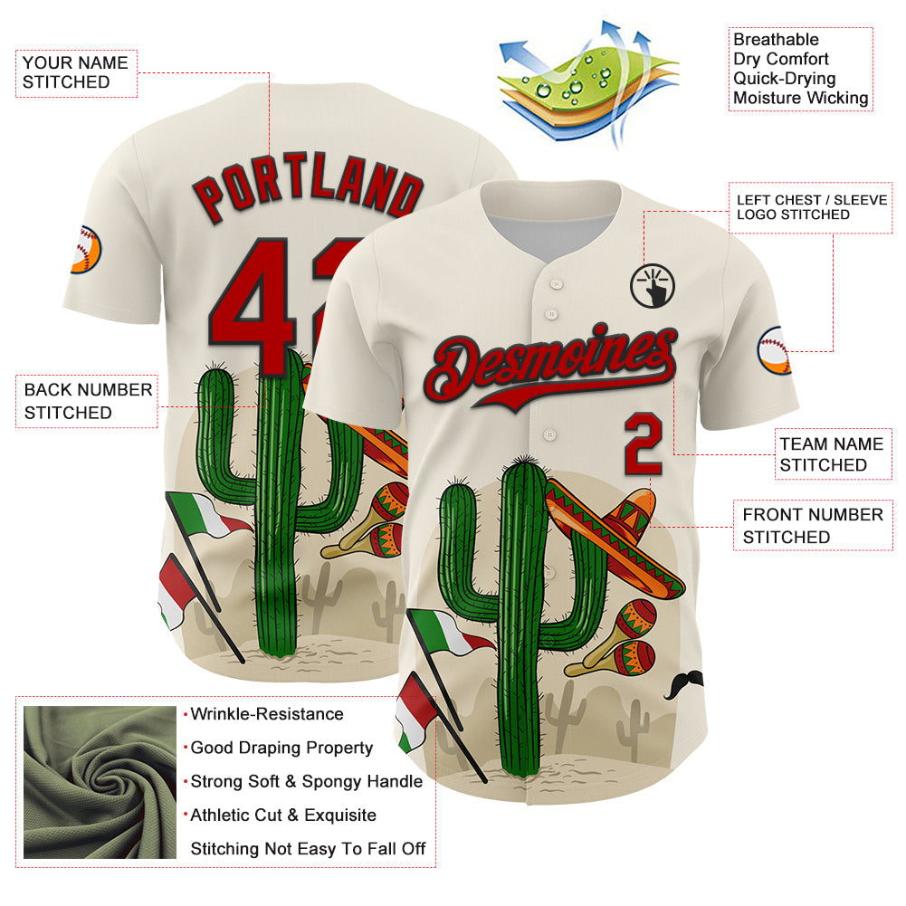 Custom Cream Red-Black 3D Mexican Festival Cactus Sombrero And Flag Cinco de Mayo Authentic Baseball Jersey view 3