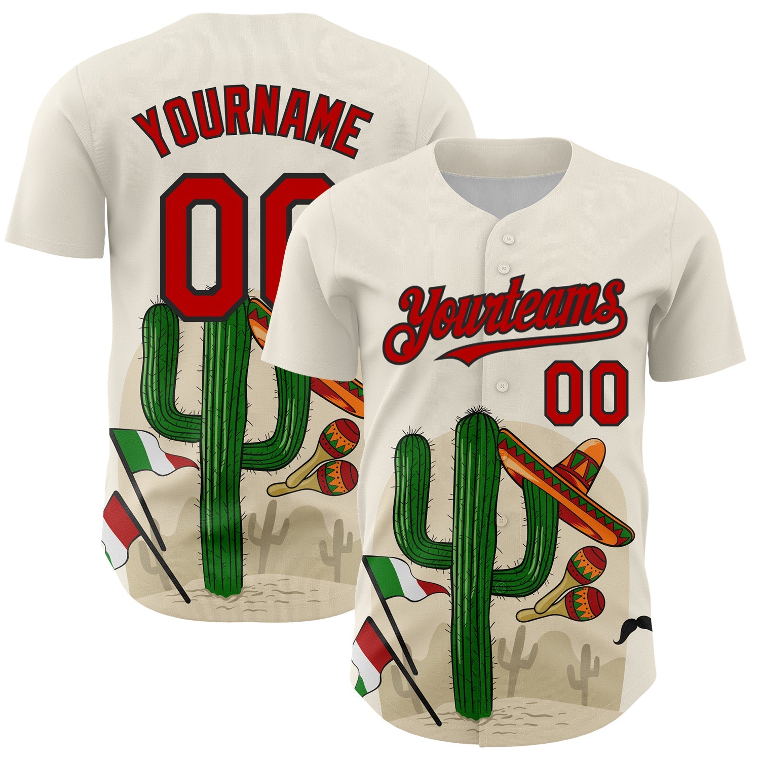 Custom Cream Red-Black 3D Mexican Festival Cactus Sombrero And Flag Cinco de Mayo Authentic Baseball Jersey - Main View