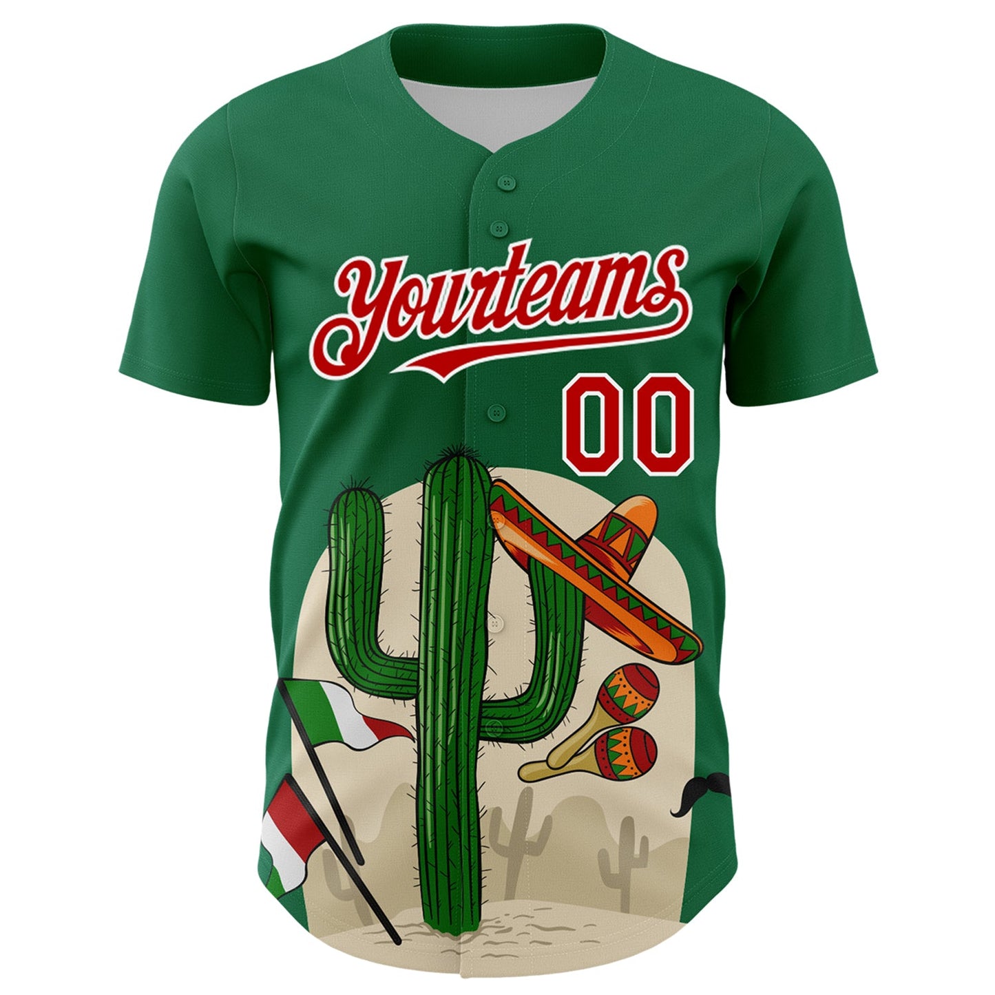 Custom Kelly Green Red-White 3D Mexican Festival Cactus Sombrero And Flag Cinco de Mayo Authentic Baseball Jersey view 2