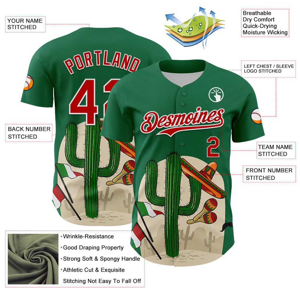 Custom Kelly Green Red-White 3D Mexican Festival Cactus Sombrero And Flag Cinco de Mayo Authentic Baseball Jersey view 3