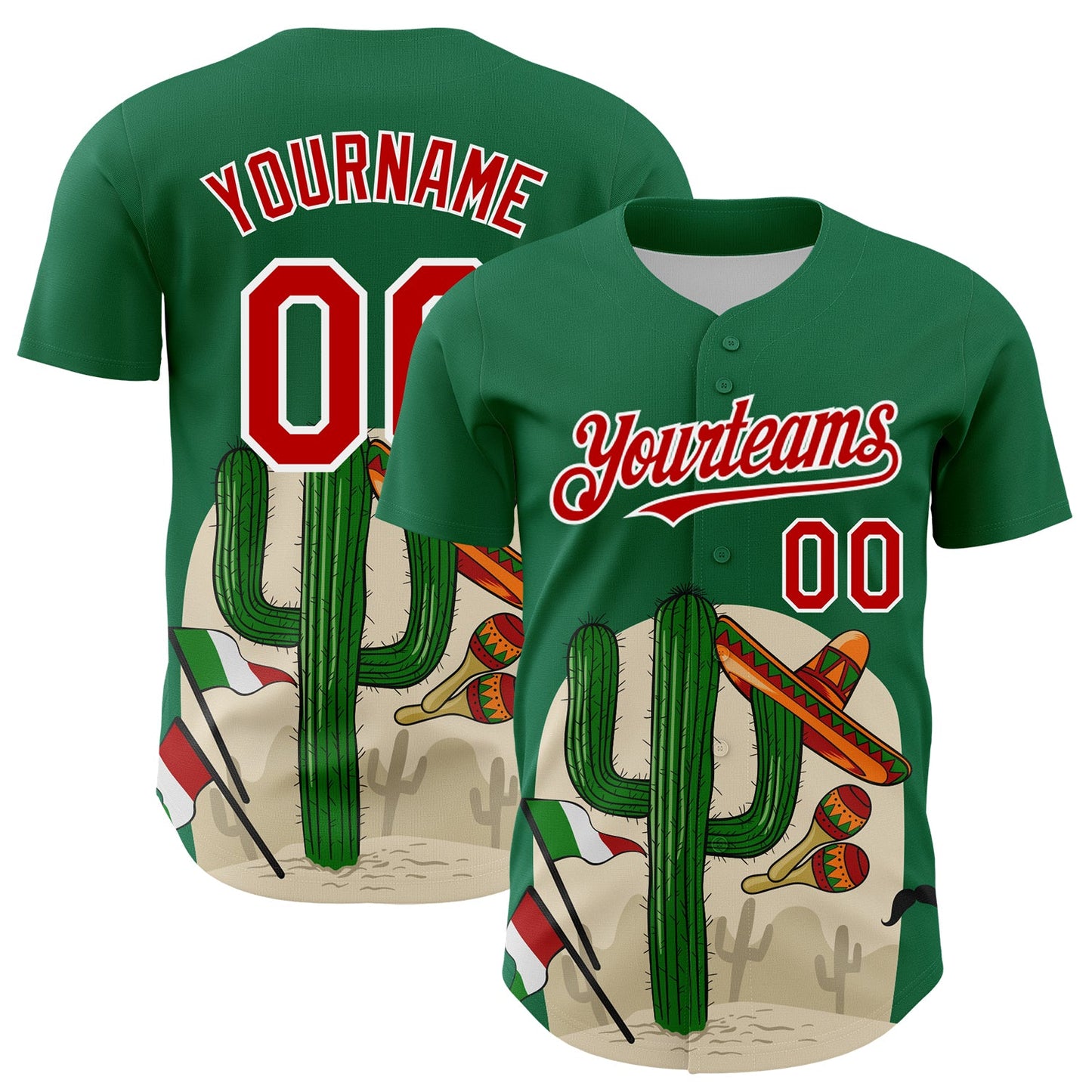Custom Kelly Green Red-White 3D Mexican Festival Cactus Sombrero And Flag Cinco de Mayo Authentic Baseball Jersey - Main View