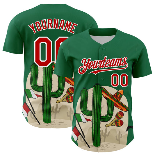 Custom Kelly Green Red-White 3D Mexican Festival Cactus Sombrero And Flag Cinco de Mayo Authentic Baseball Jersey - Main View