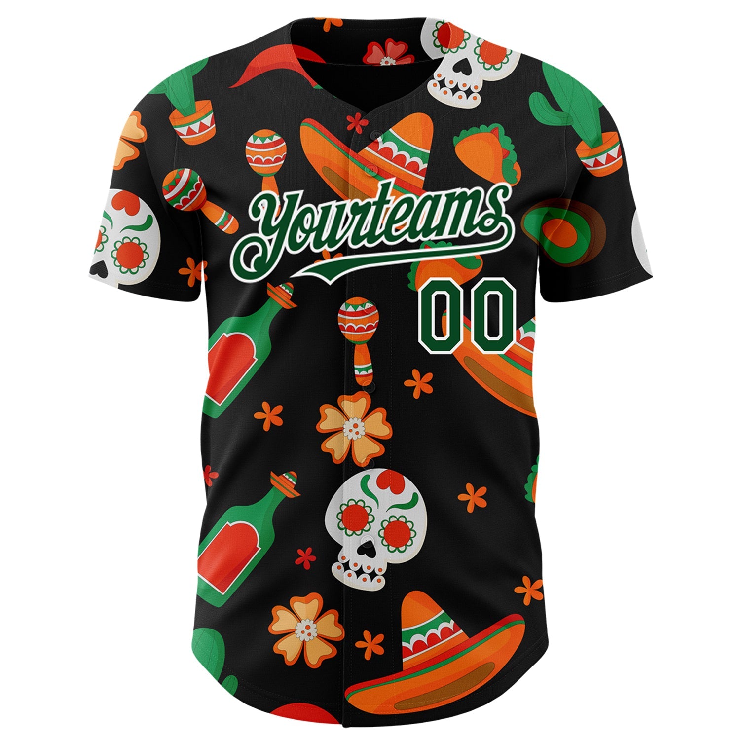 Custom Black Green-White 3D Mexican Festival Sombrero And Skull Cinco de Mayo Authentic Baseball Jersey view 2