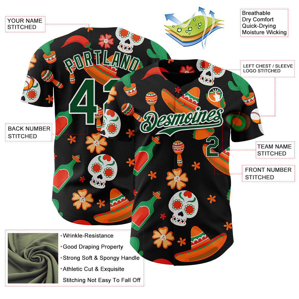 Custom Black Green-White 3D Mexican Festival Sombrero And Skull Cinco de Mayo Authentic Baseball Jersey view 3