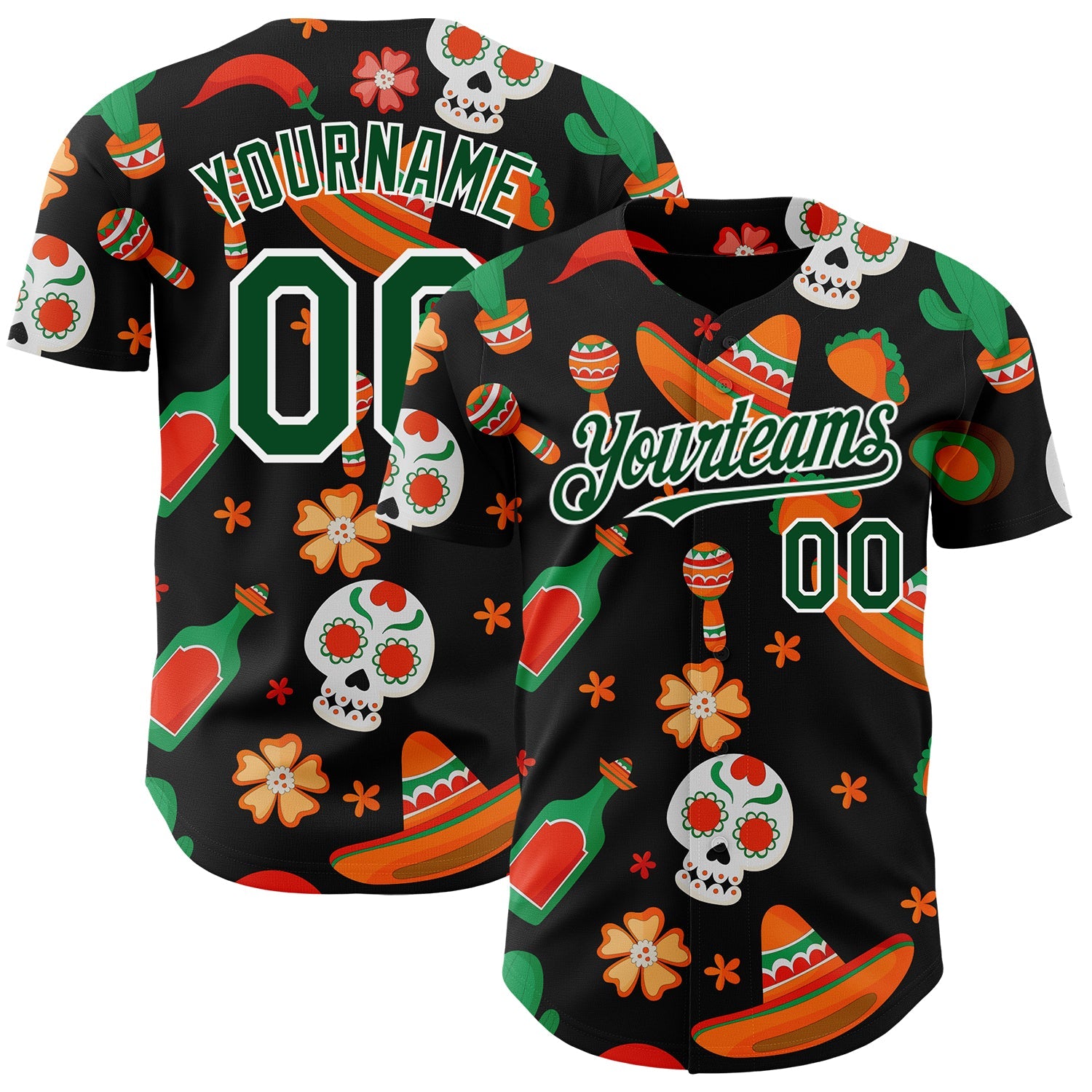 Custom Black Green-White 3D Mexican Festival Sombrero And Skull Cinco de Mayo Authentic Baseball Jersey - Main View