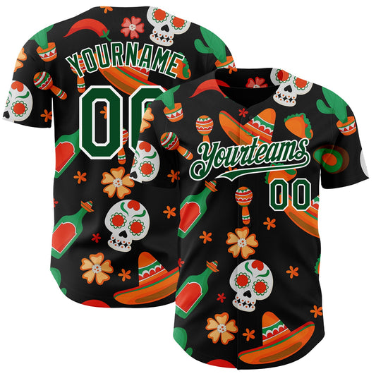 Custom Black Green-White 3D Mexican Festival Sombrero And Skull Cinco de Mayo Authentic Baseball Jersey - Main View