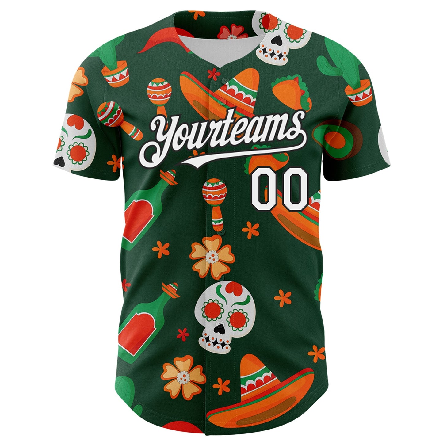 Custom Green White-Black 3D Mexican Festival Sombrero And Skull Cinco de Mayo Authentic Baseball Jersey view 2