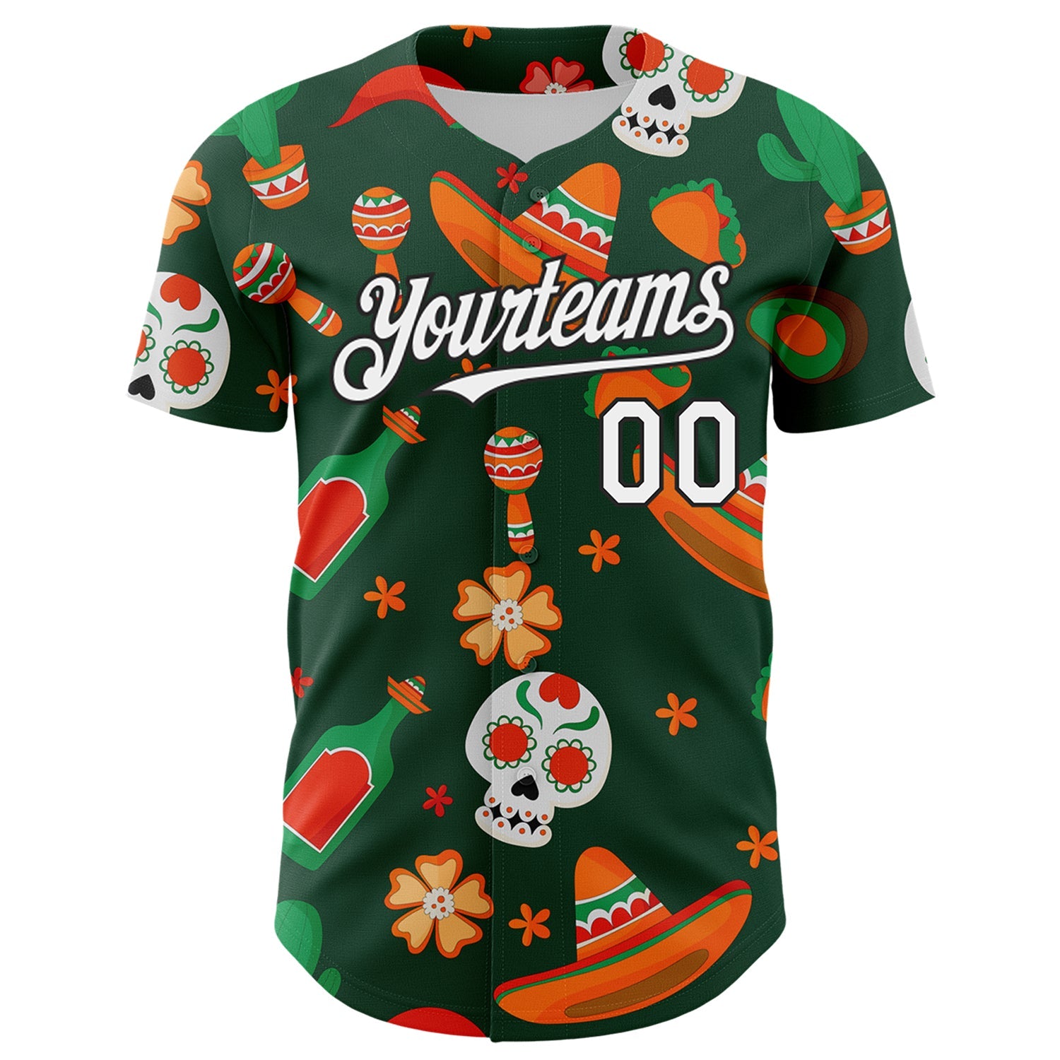 Custom Green White-Black 3D Mexican Festival Sombrero And Skull Cinco de Mayo Authentic Baseball Jersey view 2