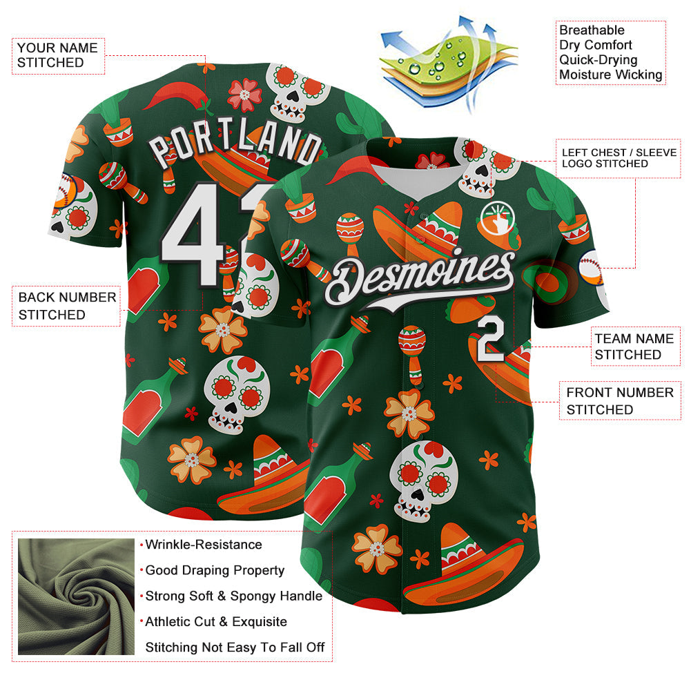 Custom Green White-Black 3D Mexican Festival Sombrero And Skull Cinco de Mayo Authentic Baseball Jersey view 3