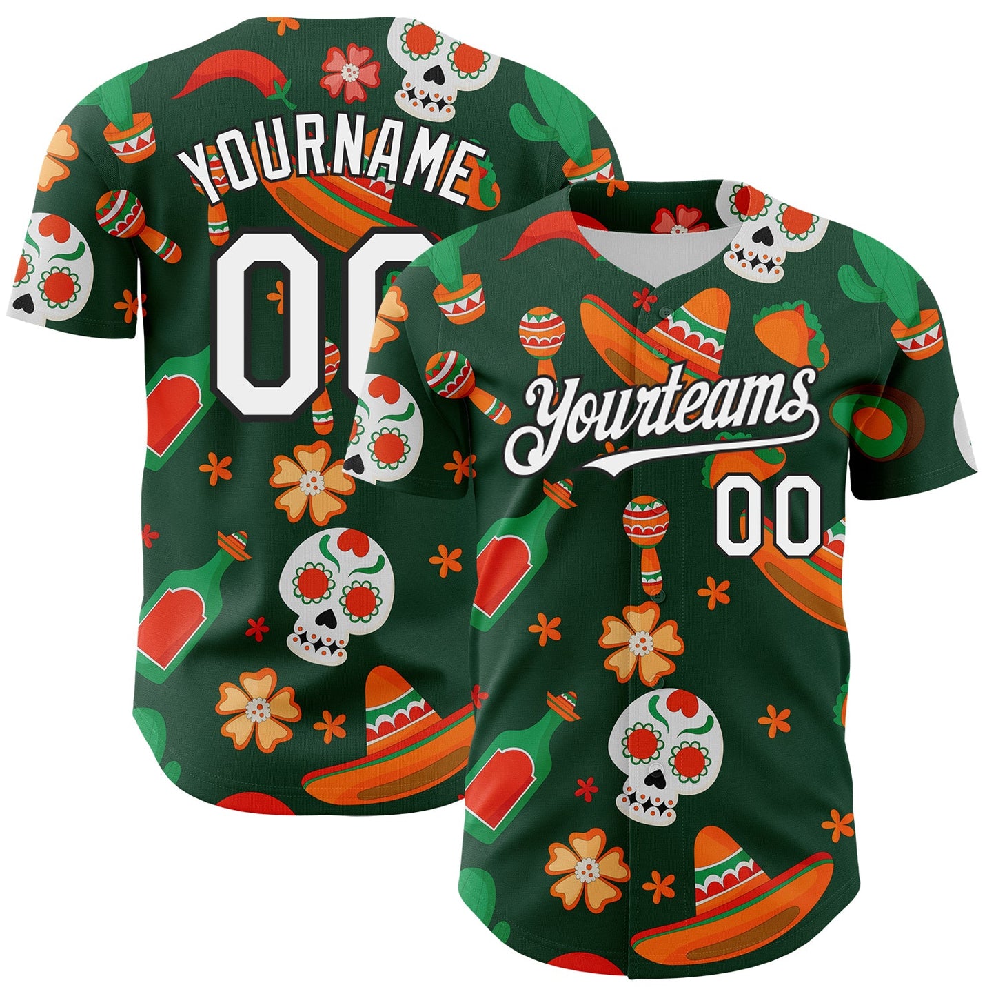 Custom Green White-Black 3D Mexican Festival Sombrero And Skull Cinco de Mayo Authentic Baseball Jersey - Main View