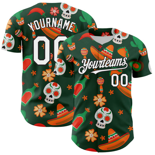 Custom Green White-Black 3D Mexican Festival Sombrero And Skull Cinco de Mayo Authentic Baseball Jersey - Main View