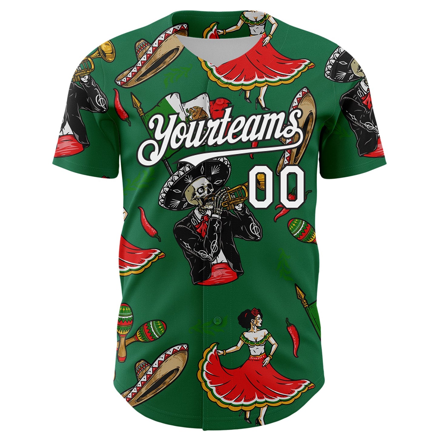 Custom Kelly Green White-Black 3D Mexican Festival Skull Cinco de Mayo Authentic Baseball Jersey view 2