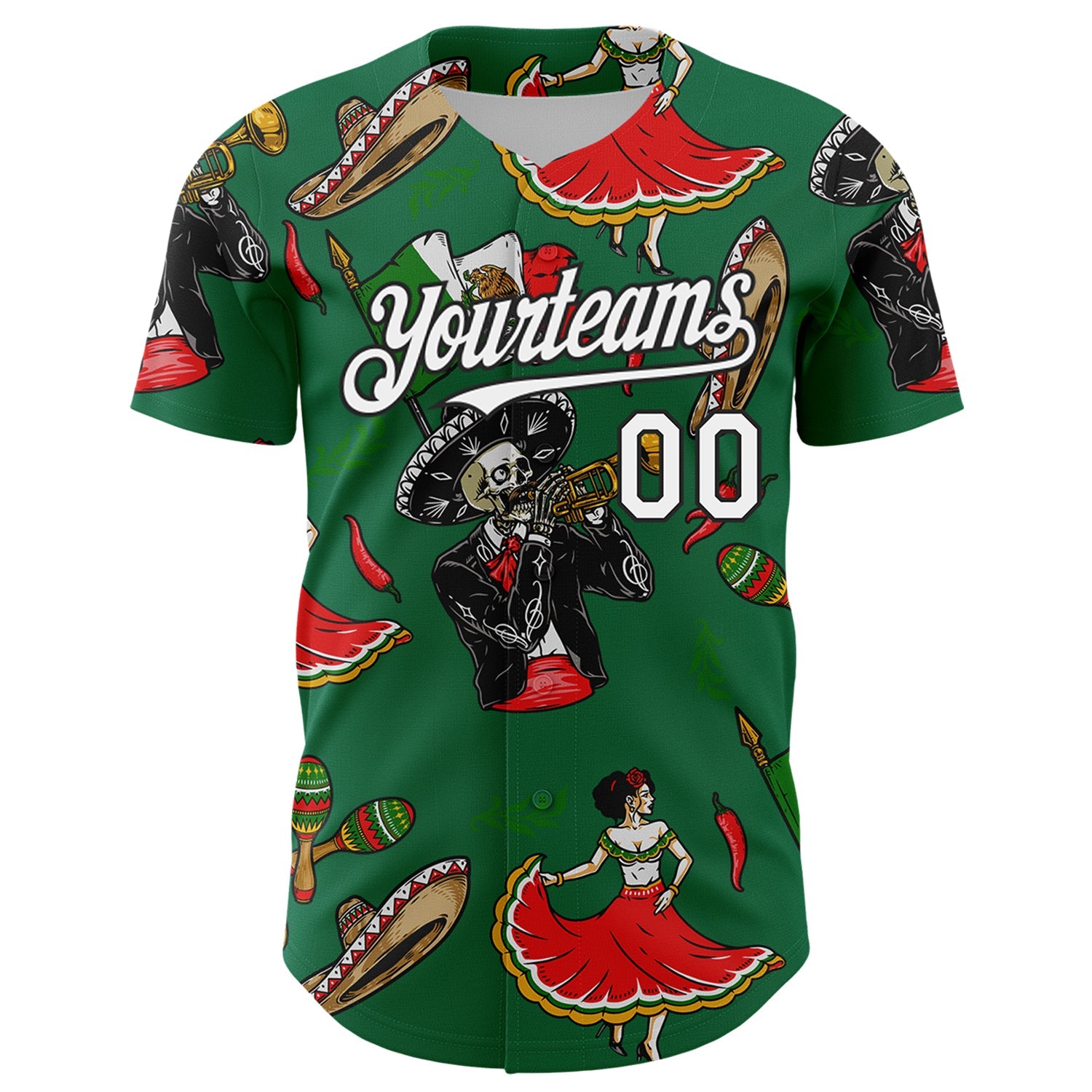 Custom Kelly Green White-Black 3D Mexican Festival Skull Cinco de Mayo Authentic Baseball Jersey view 2
