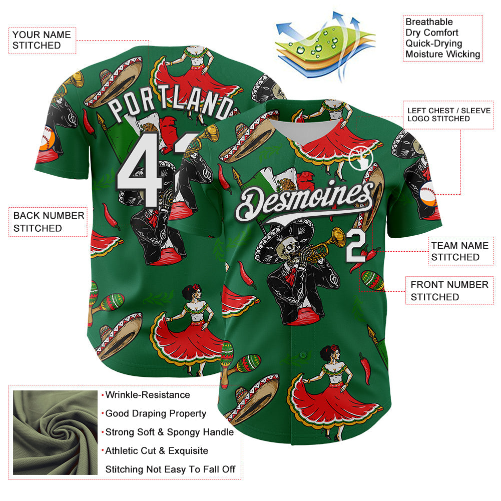 Custom Kelly Green White-Black 3D Mexican Festival Skull Cinco de Mayo Authentic Baseball Jersey view 3
