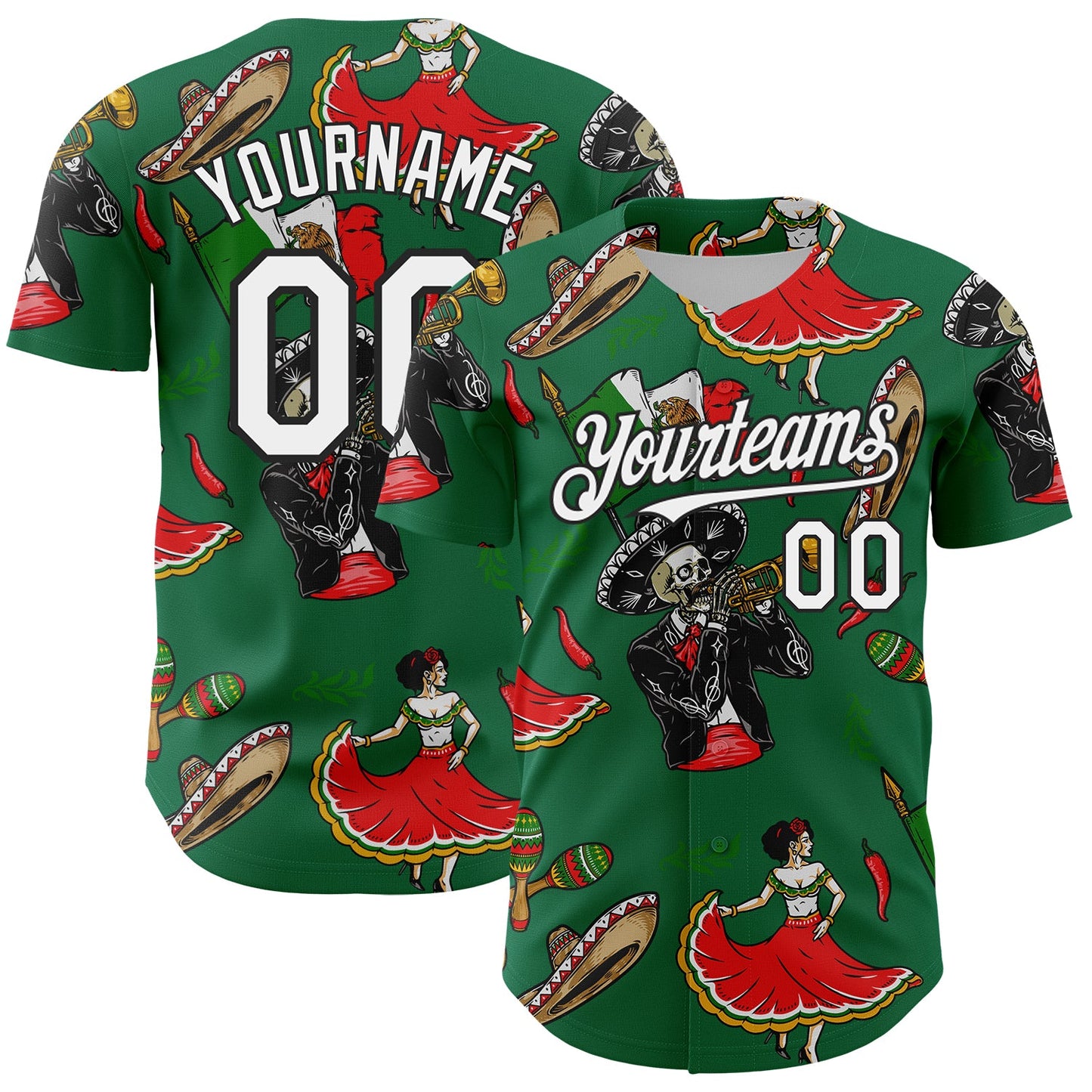 Custom Kelly Green White-Black 3D Mexican Festival Skull Cinco de Mayo Authentic Baseball Jersey - Main View