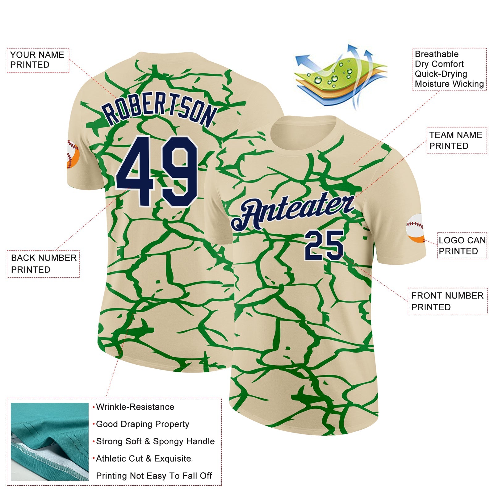 Custom Cream Navy-Grass Green 3D Esports Performance T-Shirt view 2
