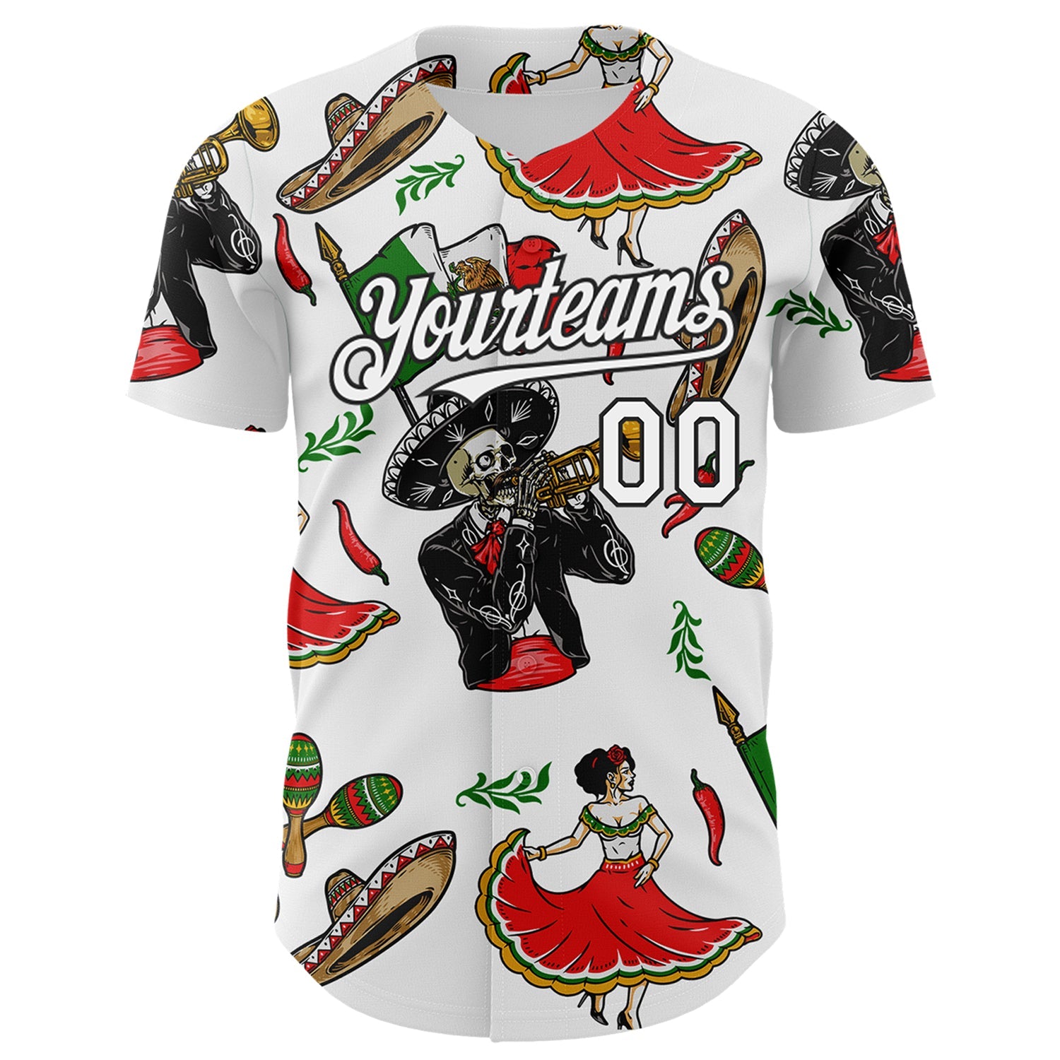 Custom White Black 3D Mexican Festival Skull Cinco de Mayo Authentic Baseball Jersey view 2