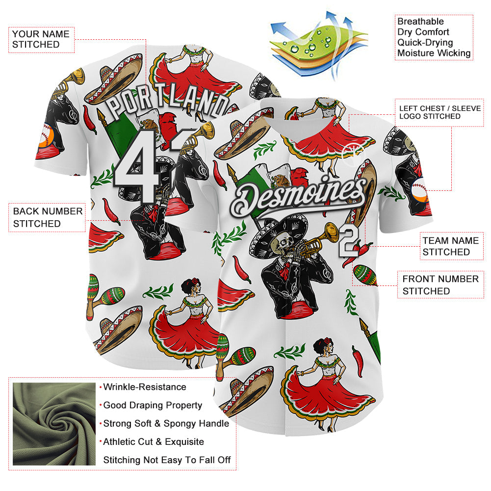 Custom White Black 3D Mexican Festival Skull Cinco de Mayo Authentic Baseball Jersey view 3