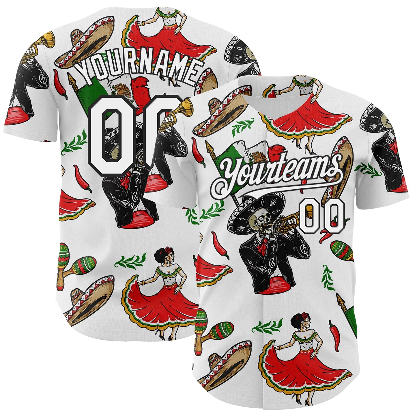 Custom White Black 3D Mexican Festival Skull Cinco de Mayo Authentic Baseball Jersey - Main View