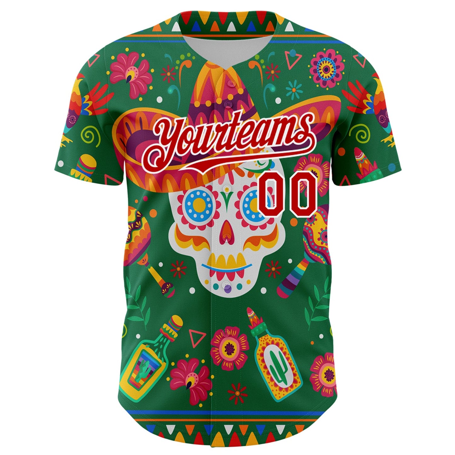 Custom Kelly Green Red-White 3D Mexican Festival Flower Skull With Sombrero Cinco de Mayo Authentic Baseball Jersey view 2