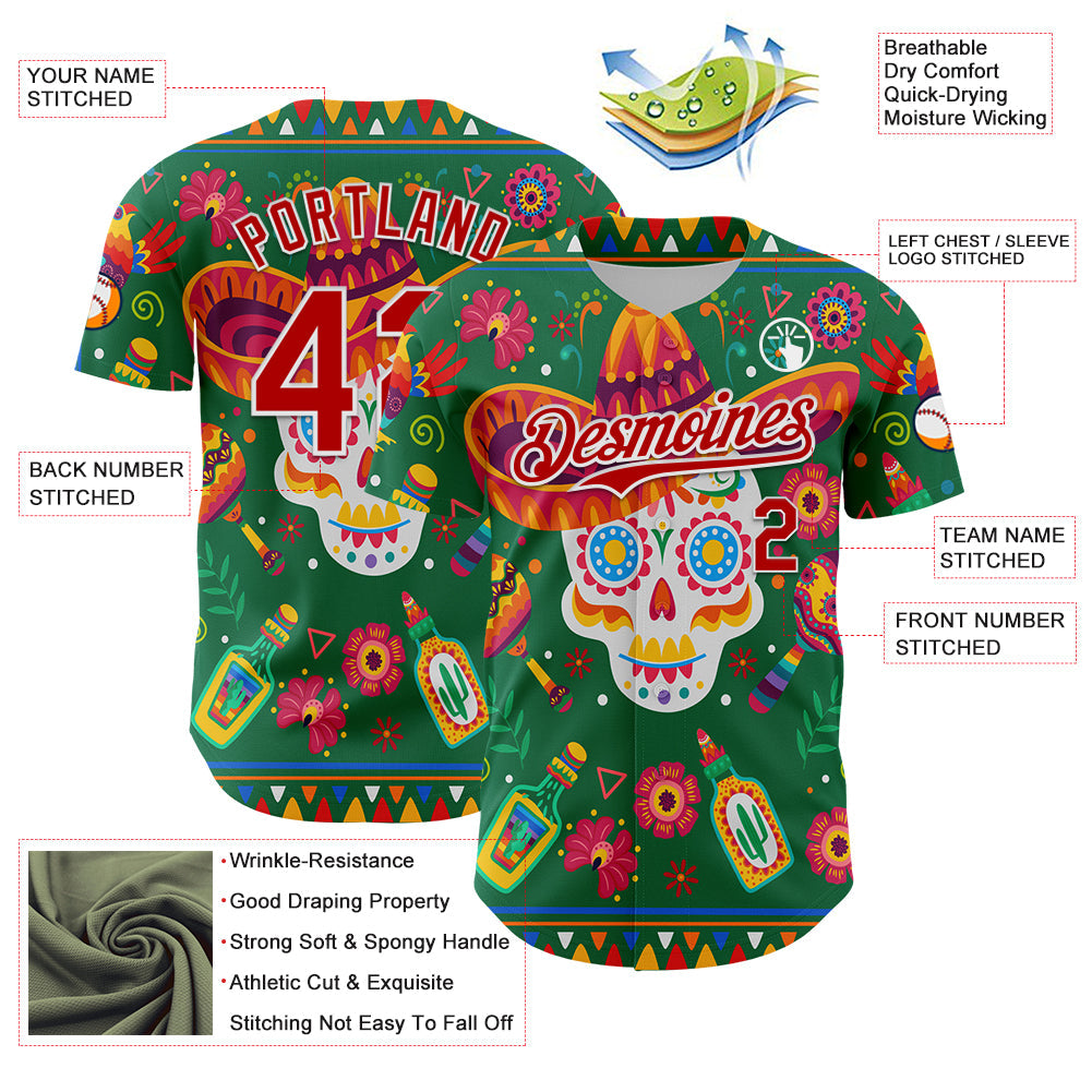 Custom Kelly Green Red-White 3D Mexican Festival Flower Skull With Sombrero Cinco de Mayo Authentic Baseball Jersey view 3