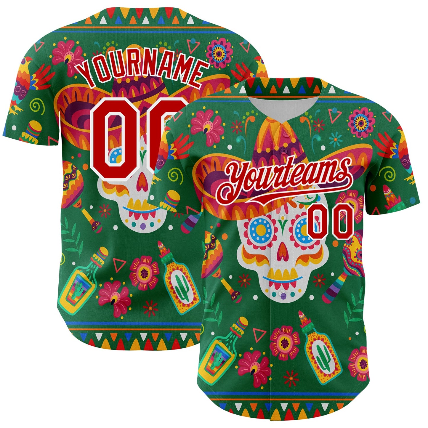 Custom Kelly Green Red-White 3D Mexican Festival Flower Skull With Sombrero Cinco de Mayo Authentic Baseball Jersey - Main View