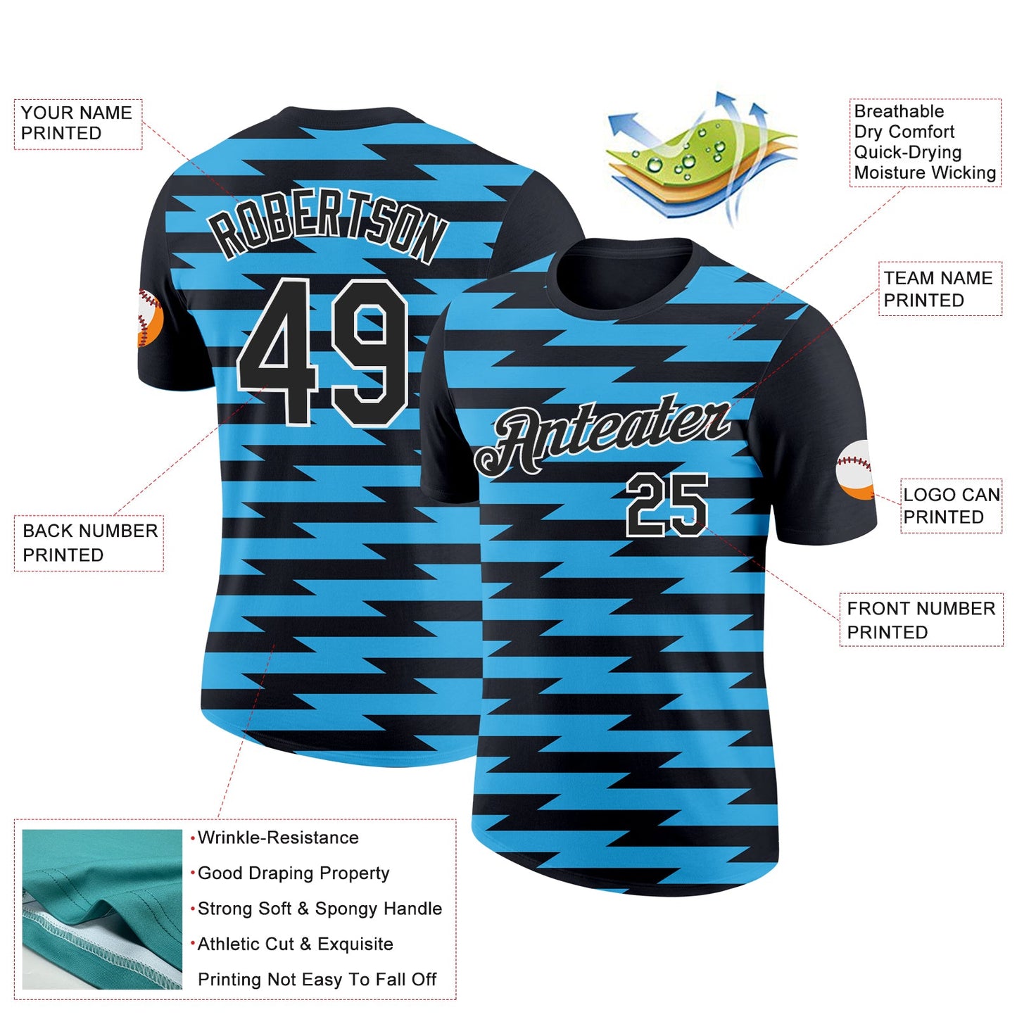 Custom Black Sky Blue-White 3D Esports Performance T-Shirt view 2