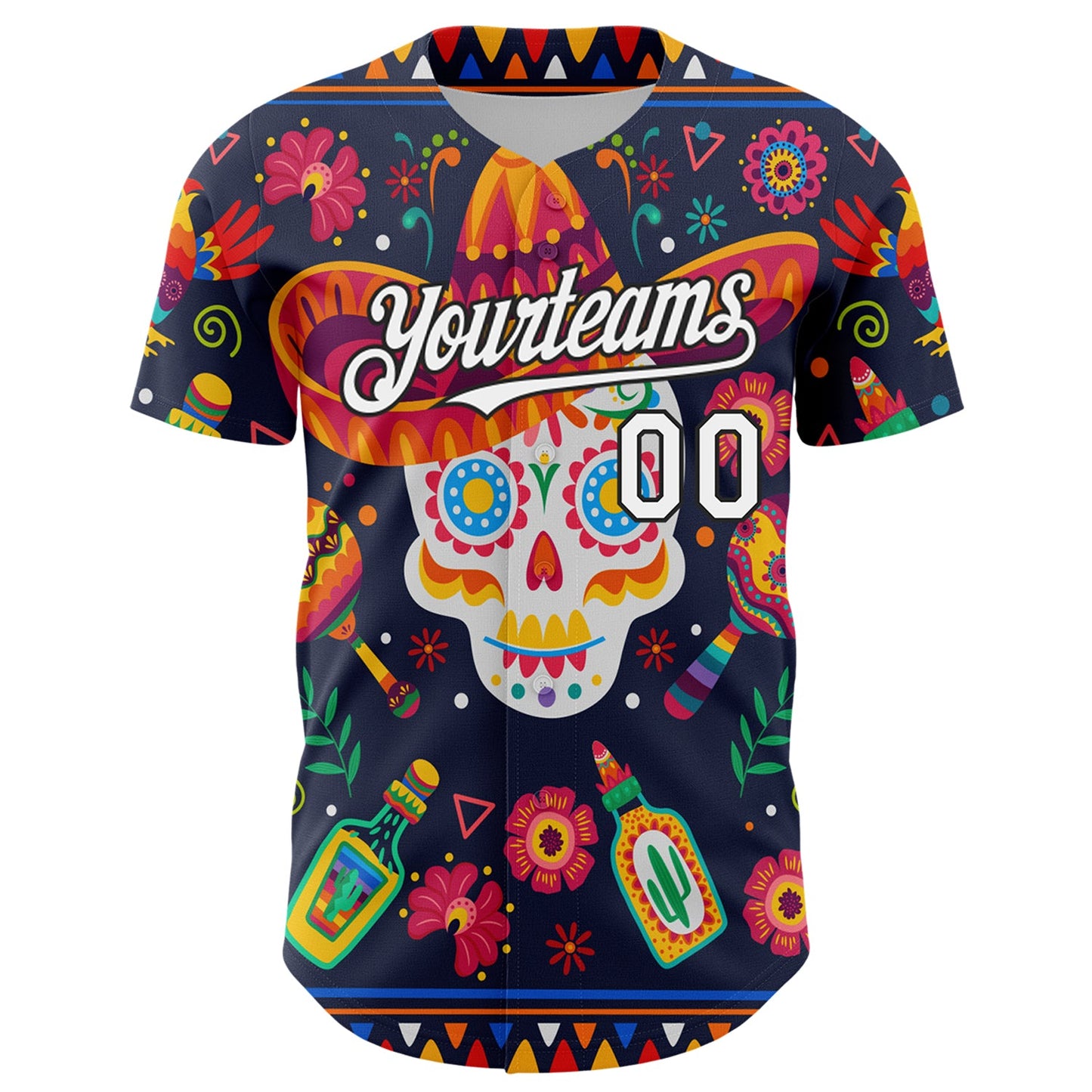 Custom Navy White-Black 3D Mexican Festival Flower Skull With Sombrero Cinco de Mayo Authentic Baseball Jersey view 2