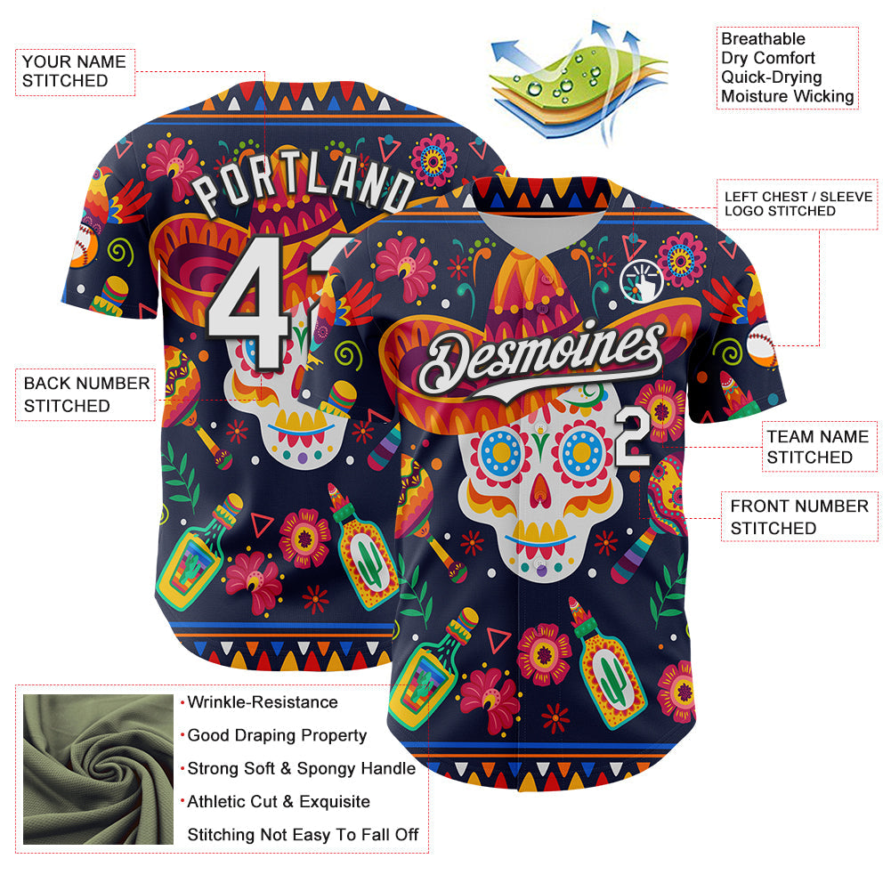 Custom Navy White-Black 3D Mexican Festival Flower Skull With Sombrero Cinco de Mayo Authentic Baseball Jersey view 3