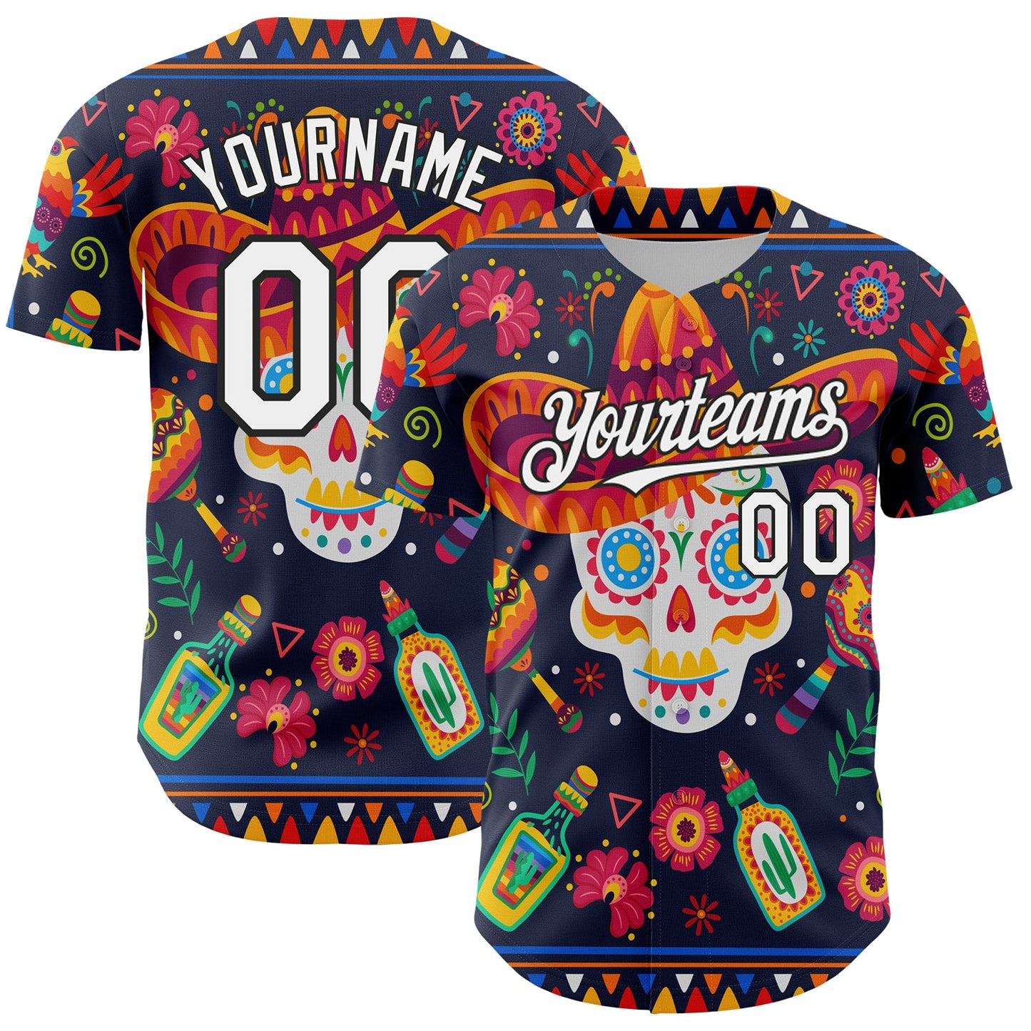 Custom Navy White-Black 3D Mexican Festival Flower Skull With Sombrero Cinco de Mayo Authentic Baseball Jersey - Main View