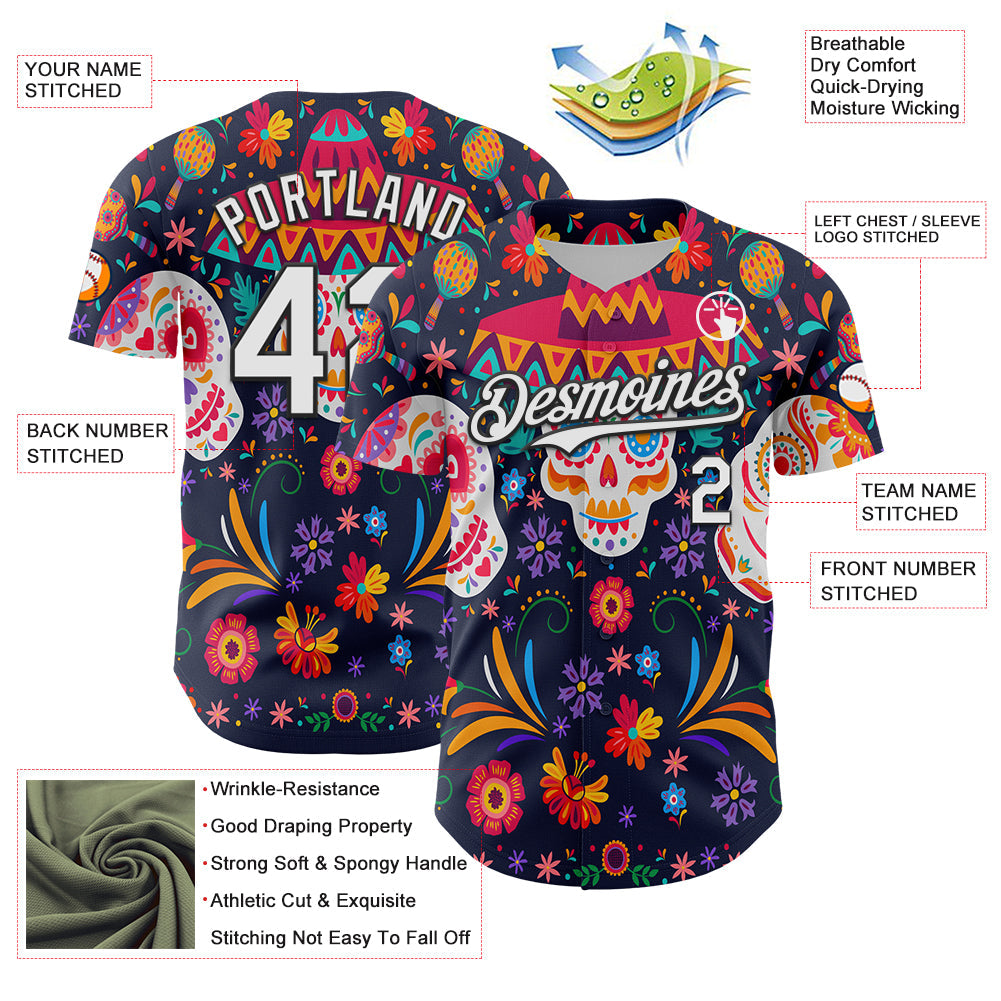 Custom Navy White-Black 3D Mexican Festival Flower Skull With Sombrero Cinco de Mayo Authentic Baseball Jersey view 3
