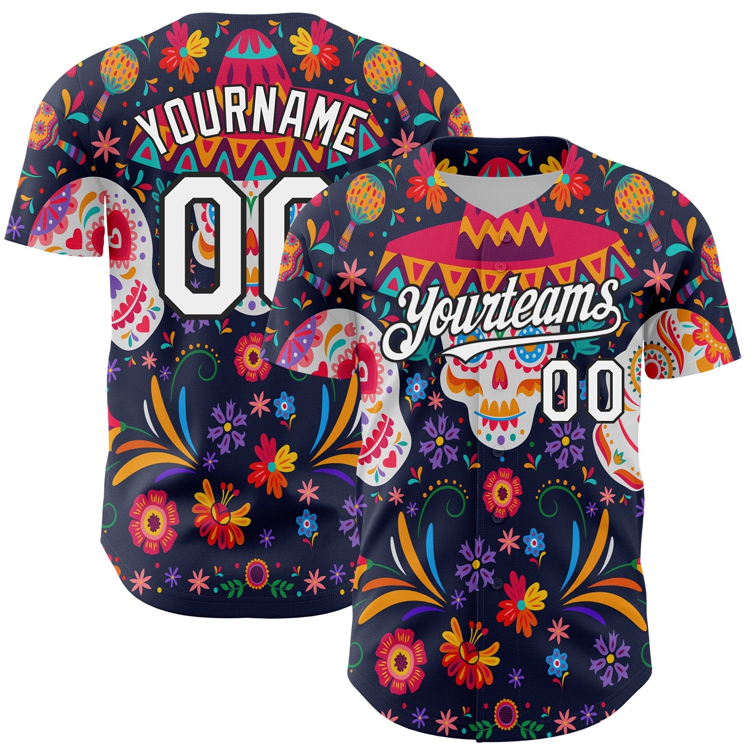 Custom Navy White-Black 3D Mexican Festival Flower Skull With Sombrero Cinco de Mayo Authentic Baseball Jersey - Main View