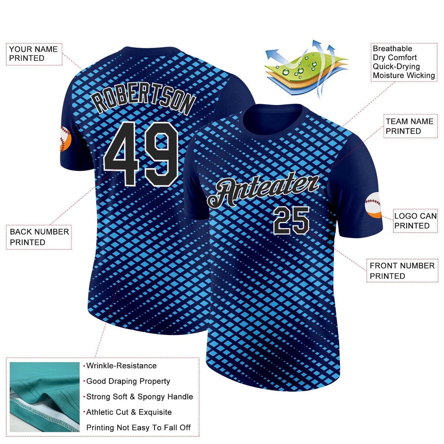 Custom Navy Black-Sky Blue 3D Esports Performance T-Shirt view 2