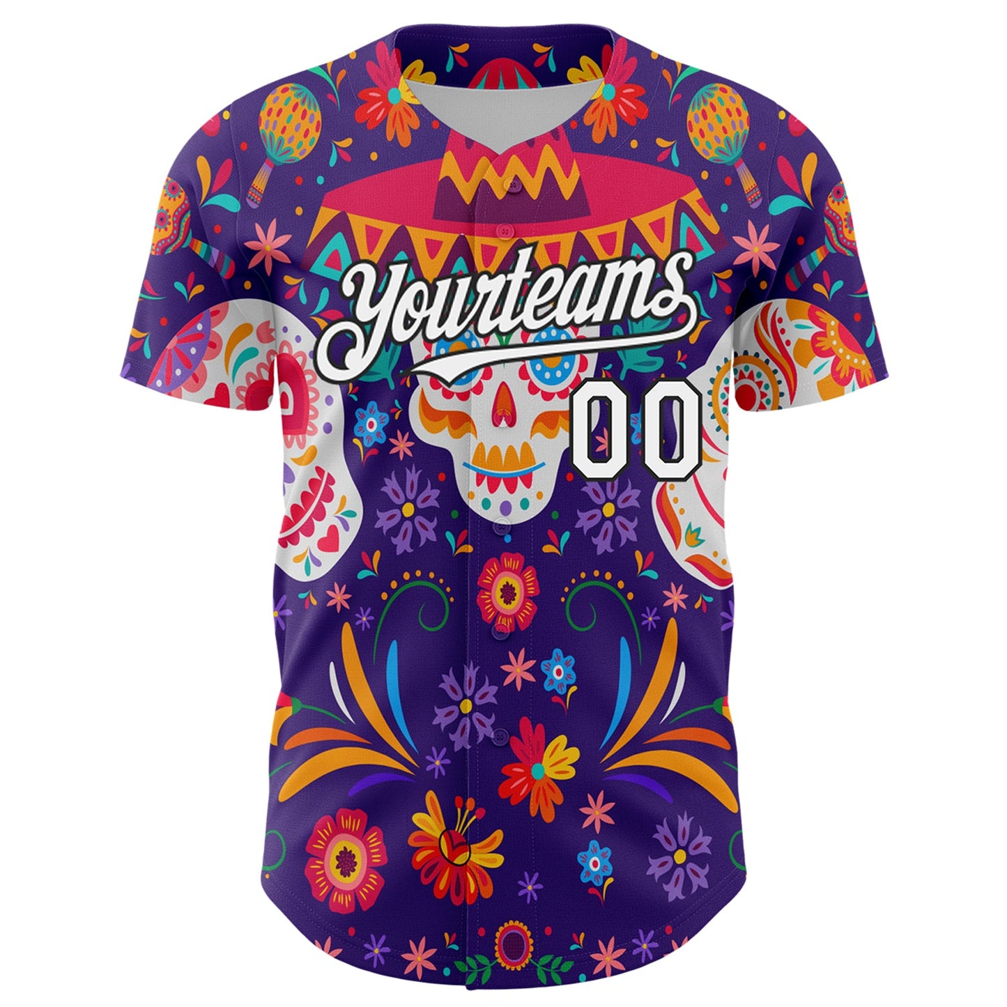 Custom Purple White-Black 3D Mexican Festival Flower Skull With Sombrero Cinco de Mayo Authentic Baseball Jersey view 2