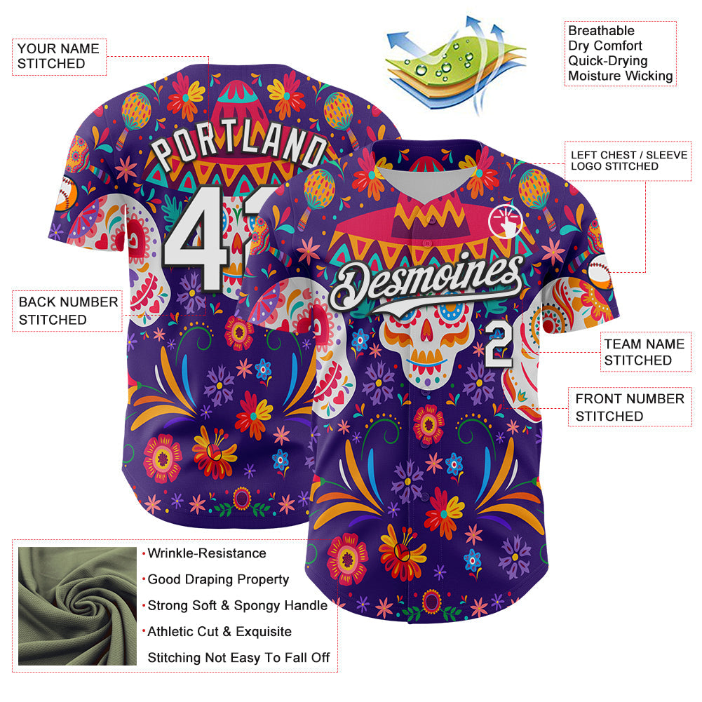 Custom Purple White-Black 3D Mexican Festival Flower Skull With Sombrero Cinco de Mayo Authentic Baseball Jersey view 3
