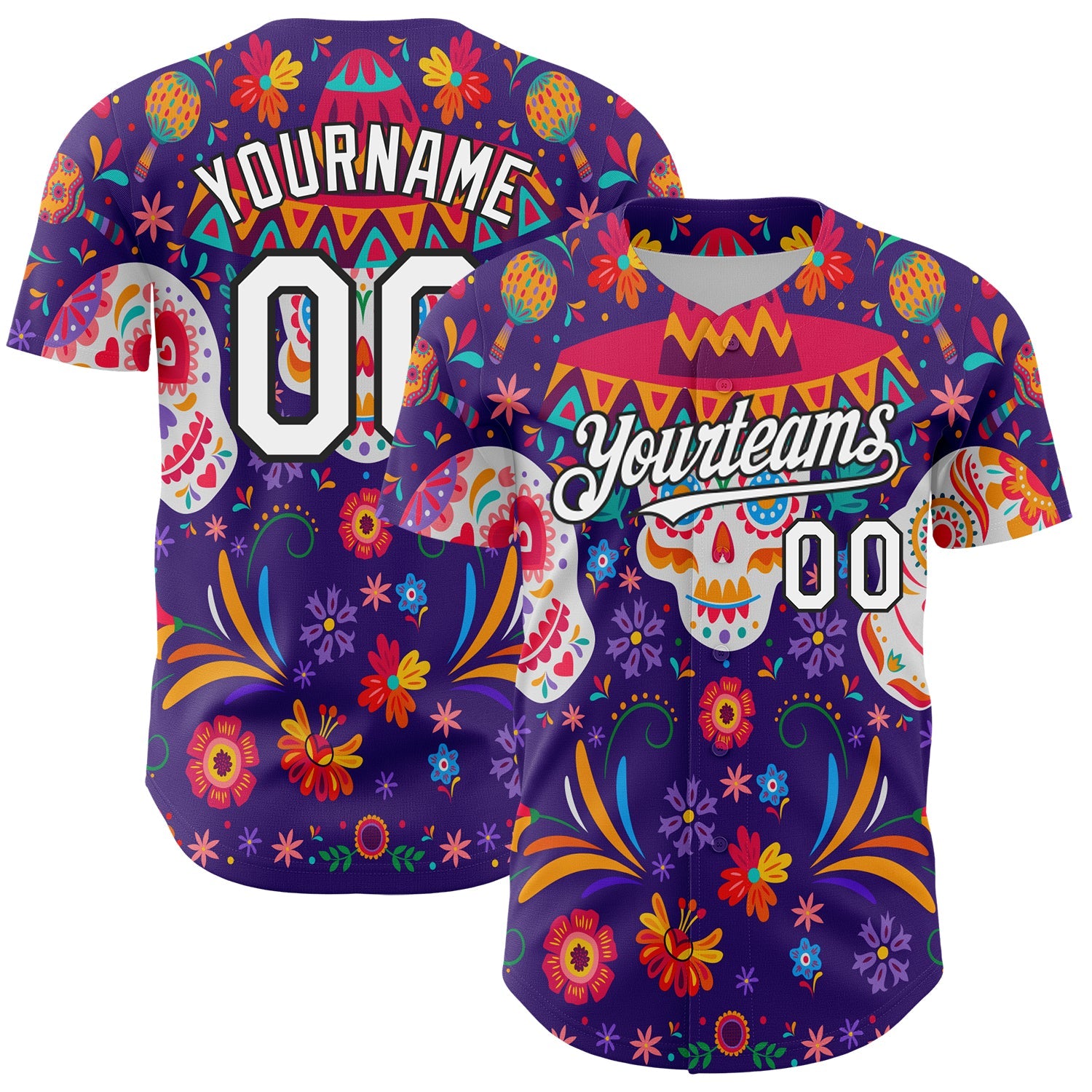 Custom Purple White-Black 3D Mexican Festival Flower Skull With Sombrero Cinco de Mayo Authentic Baseball Jersey - Main View