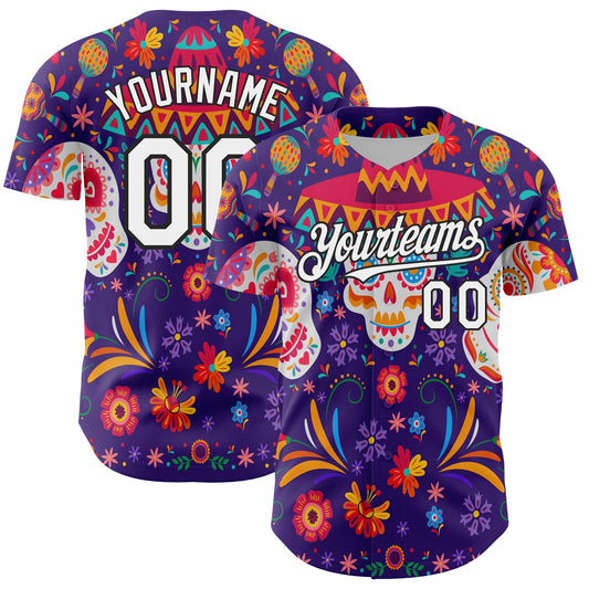 Custom Purple White-Black 3D Mexican Festival Flower Skull With Sombrero Cinco de Mayo Authentic Baseball Jersey - Main View