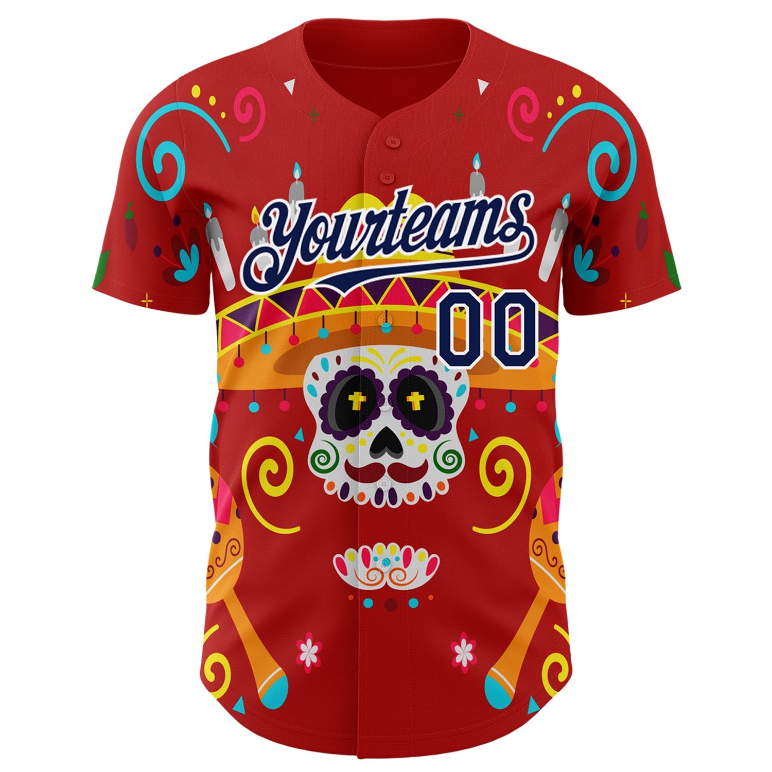 Custom Red Navy-White 3D Mexican Festival Flower And Skull Sombrero Cinco de Mayo Authentic Baseball Jersey view 2