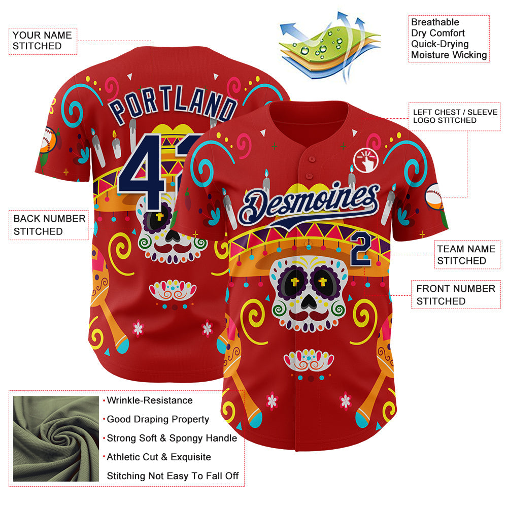 Custom Red Navy-White 3D Mexican Festival Flower And Skull Sombrero Cinco de Mayo Authentic Baseball Jersey view 3