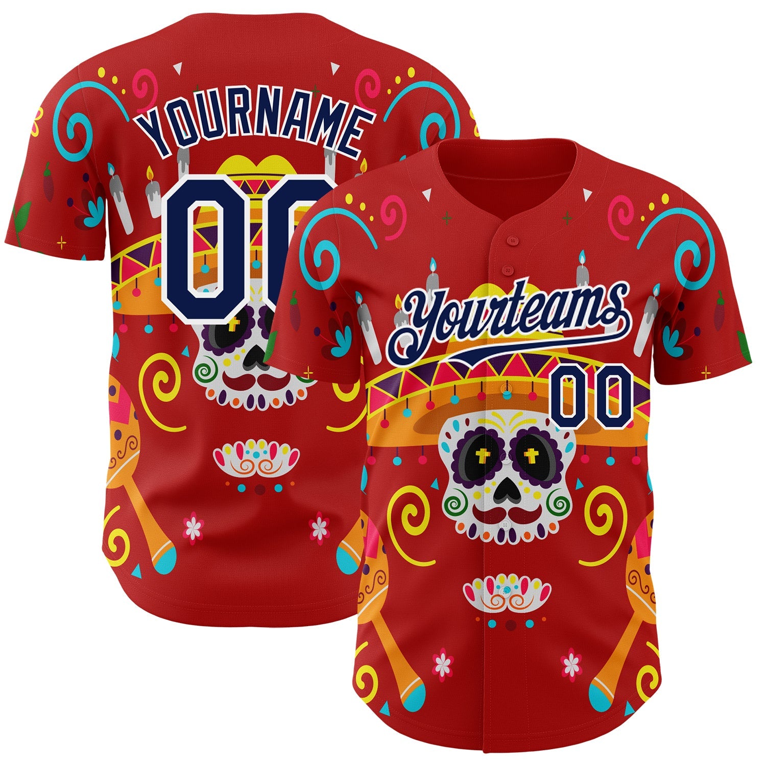 Custom Red Navy-White 3D Mexican Festival Flower And Skull Sombrero Cinco de Mayo Authentic Baseball Jersey - Main View