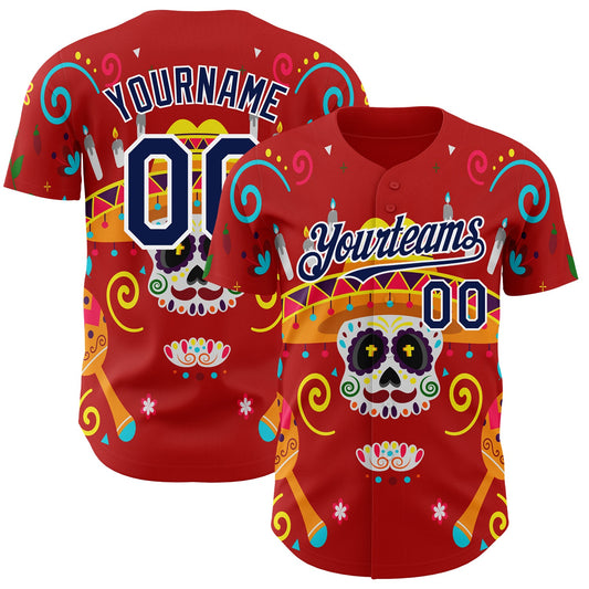Custom Red Navy-White 3D Mexican Festival Flower And Skull Sombrero Cinco de Mayo Authentic Baseball Jersey - Main View