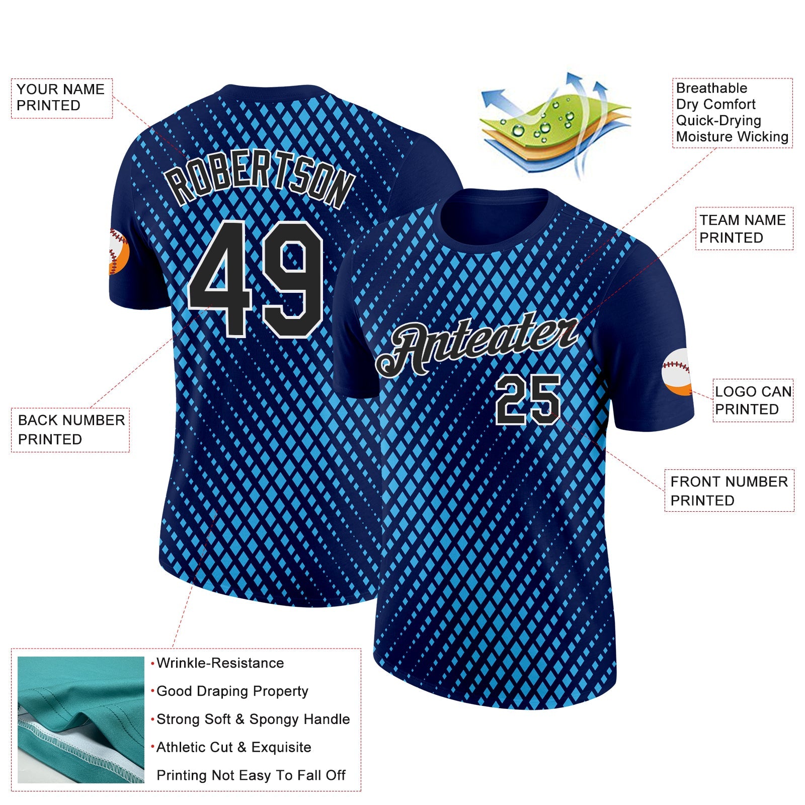 Custom Navy Black-Sky Blue 3D Esports Performance T-Shirt view 2