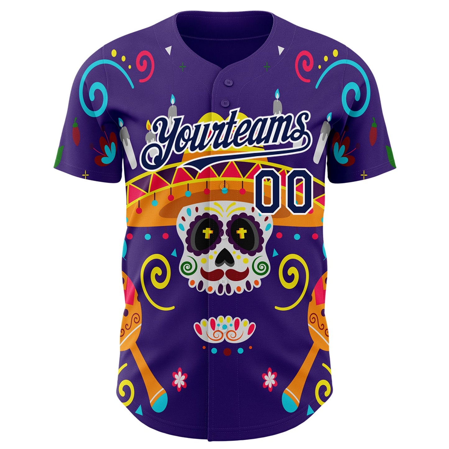 Custom Purple Navy-White 3D Mexican Festival Flower Skull With Sombrero Cinco de Mayo Authentic Baseball Jersey view 2