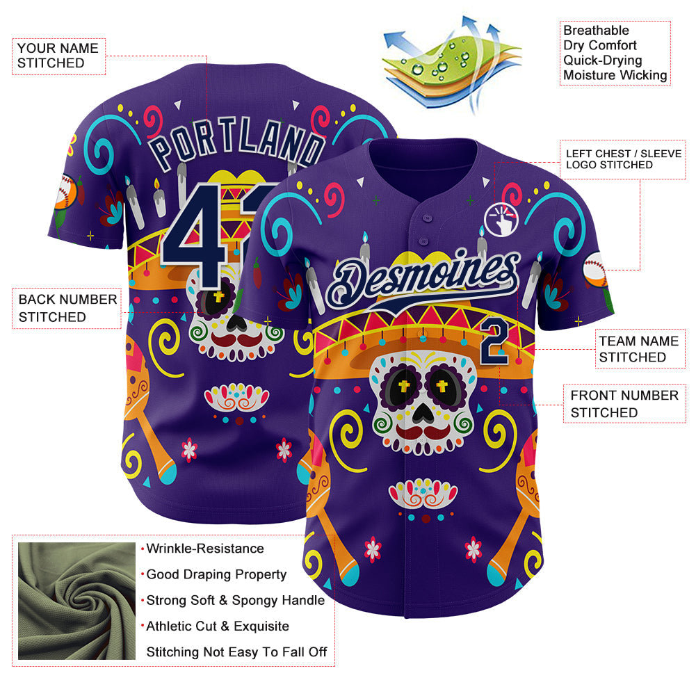 Custom Purple Navy-White 3D Mexican Festival Flower Skull With Sombrero Cinco de Mayo Authentic Baseball Jersey view 3