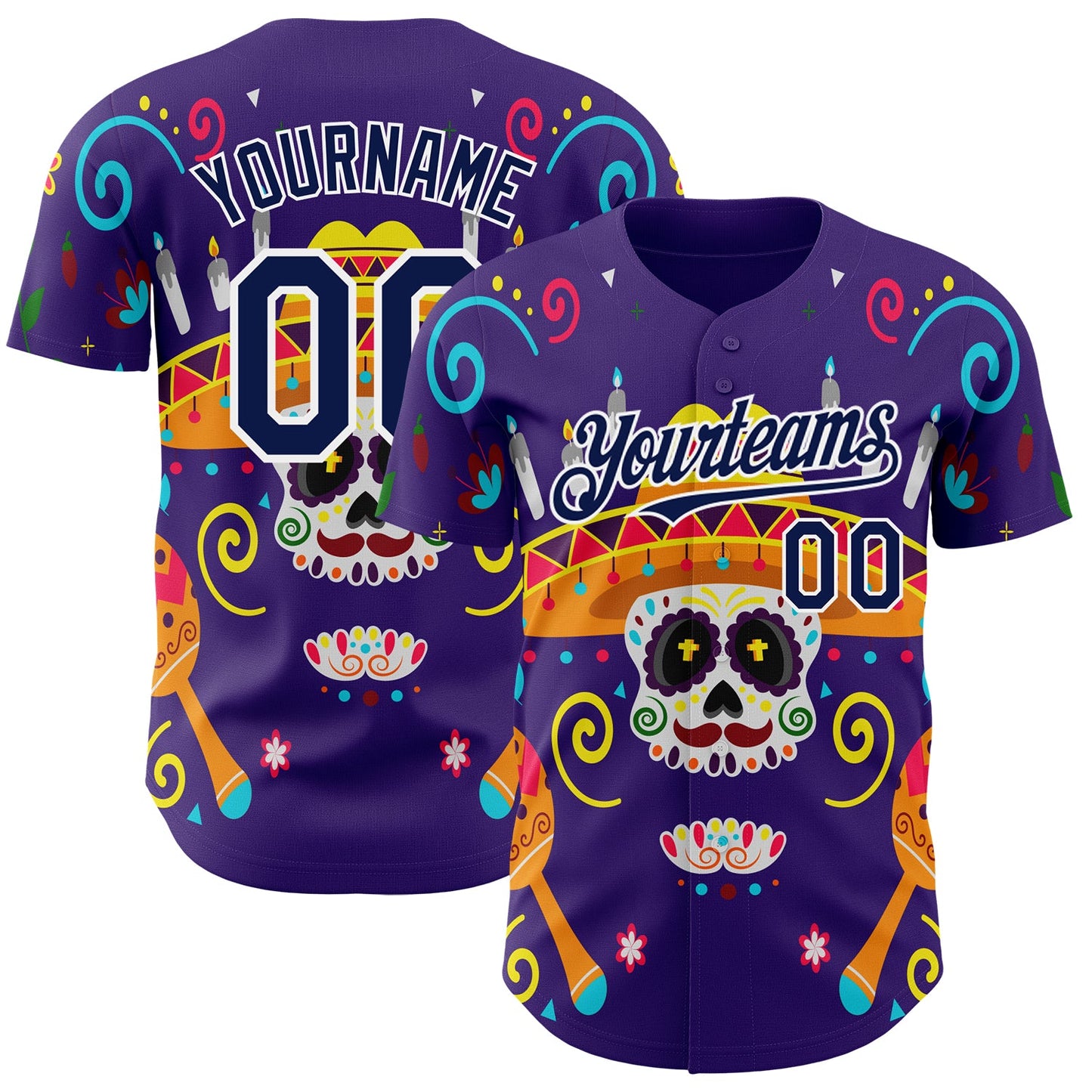 Custom Purple Navy-White 3D Mexican Festival Flower Skull With Sombrero Cinco de Mayo Authentic Baseball Jersey - Main View